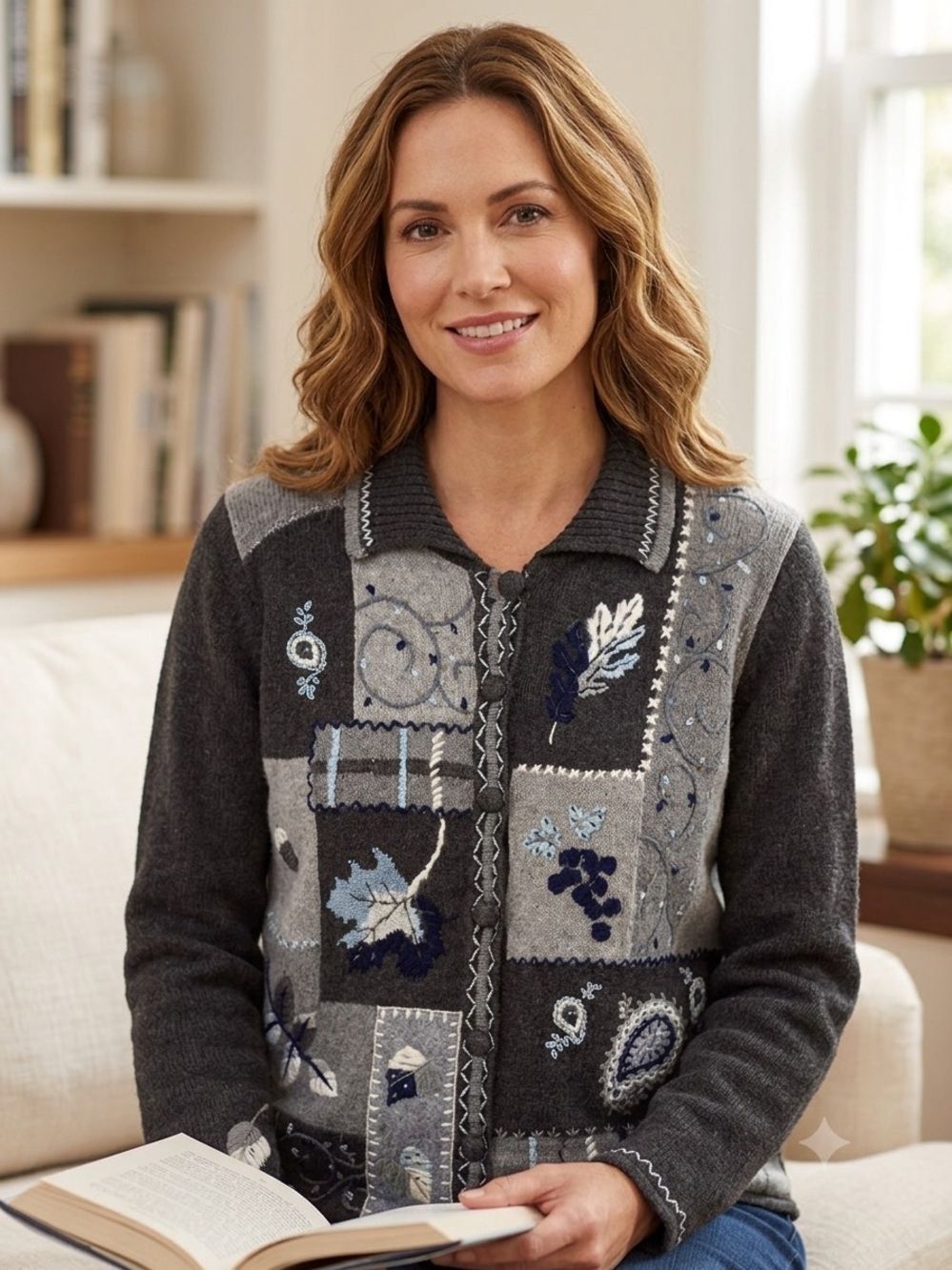 (H0) Arriviste Women's Vintage Embroidered Sweater
Beaded Flower Design,Sz S